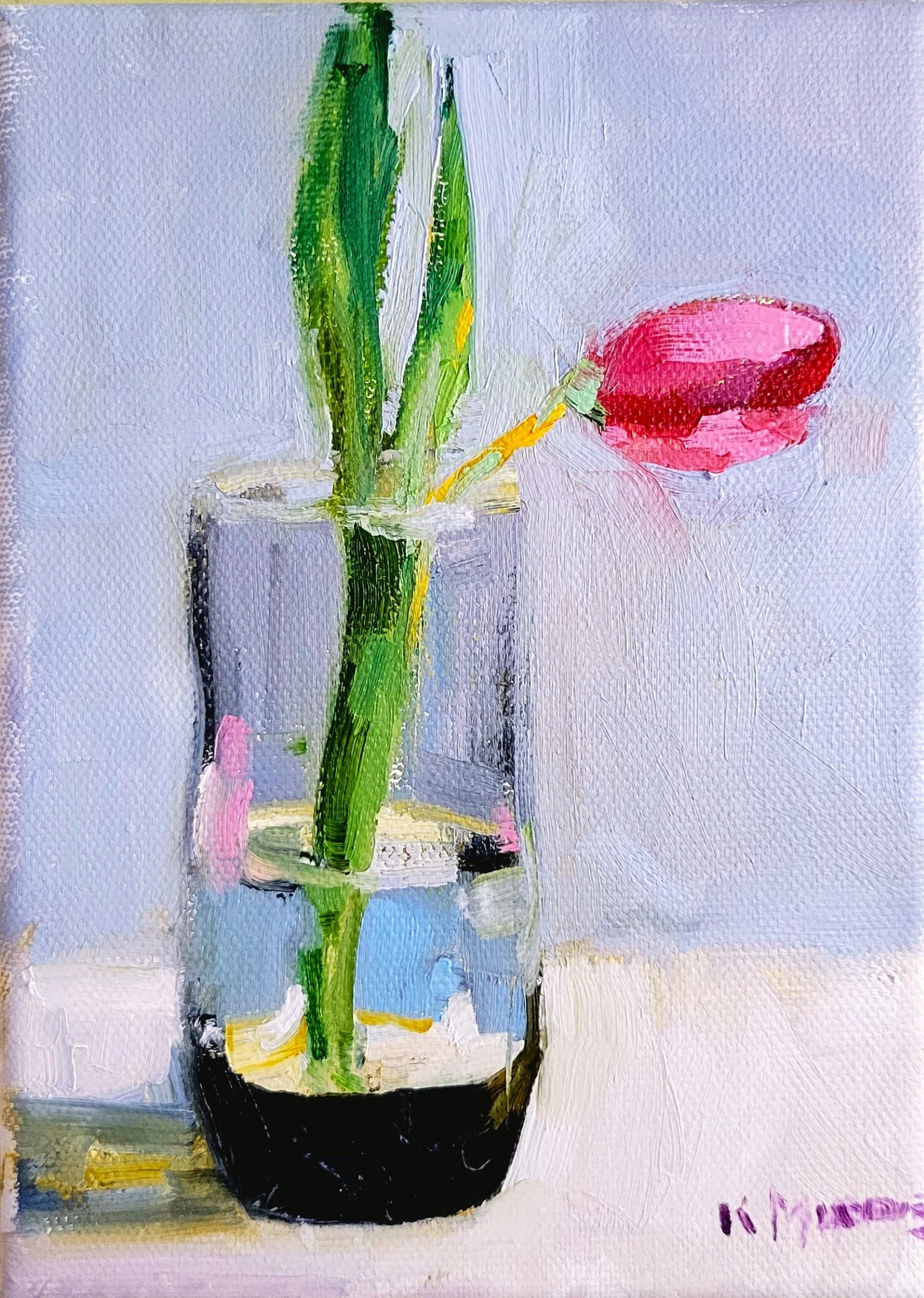 Tulip in a Glass, 7 x 5 inches, oil on canvas. $400