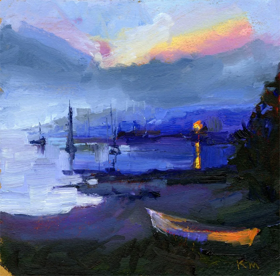 SOLD Burnt Cove Foggy Night (Study), 8 x 8 inches, oil on shellacked paperboard