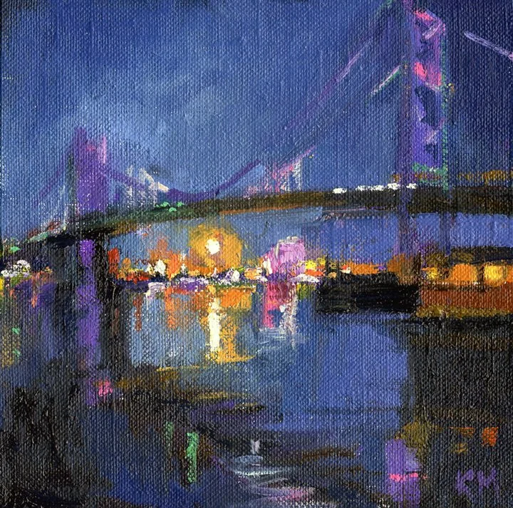 Ben Franklin at Night, 6 x 6 inches, oil on linen on panel, $400 Framed (F.A.N. Gallery)