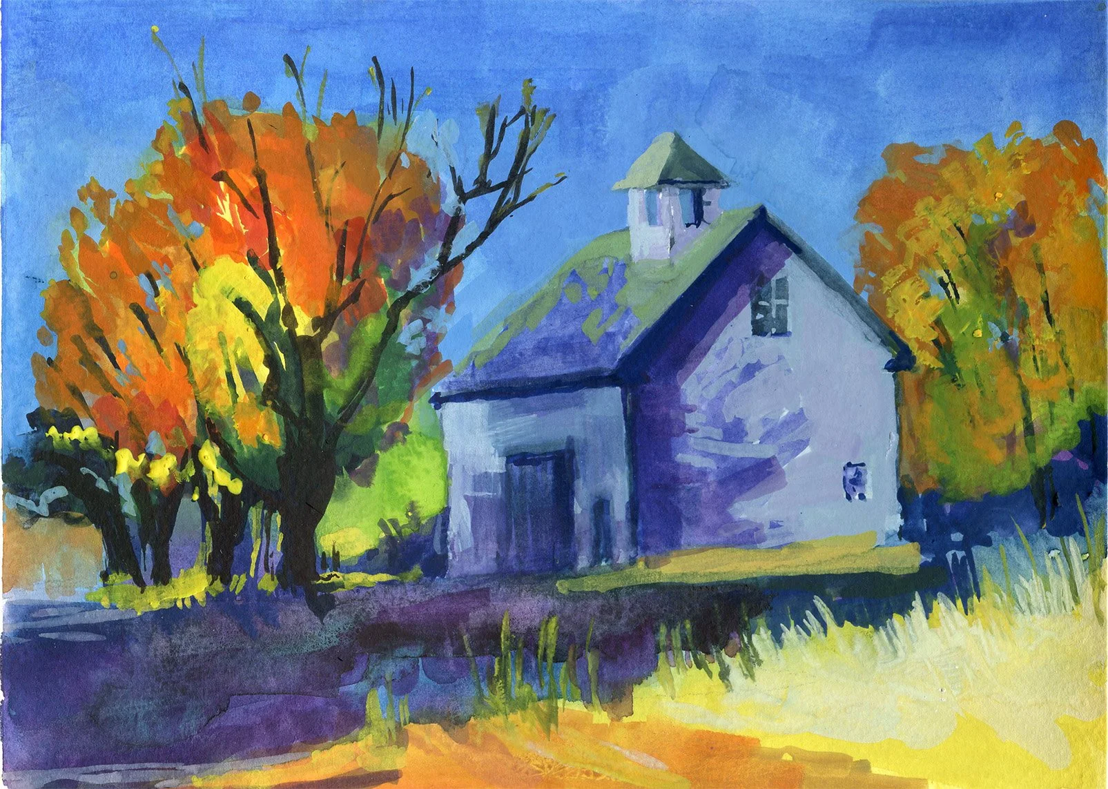 Barn in Autumn Light – 6 x 8 in. Watercolor and Gouache on Panel
