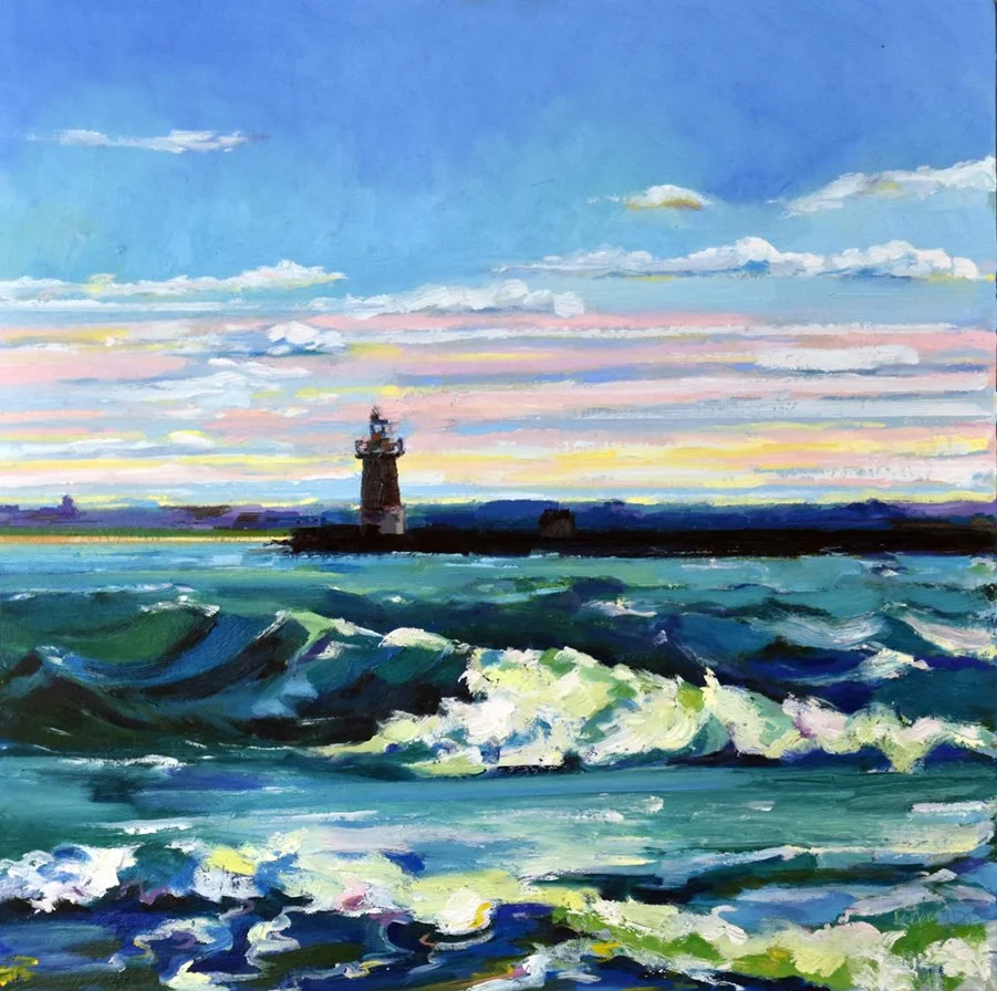 Breakwater East End Lighthouse, 16 x 16 inches, oil on panel