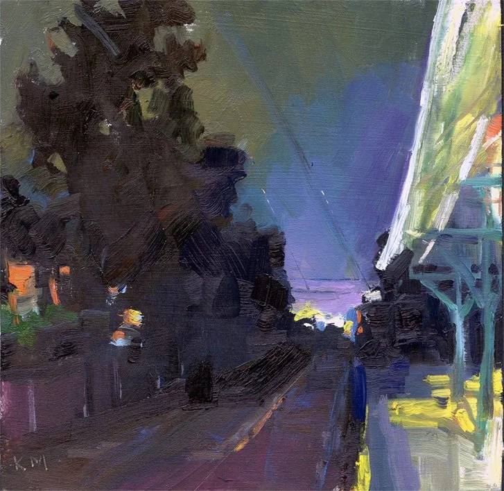 Waiting on the 7:05, 6 x 6 inches, oil on panel, $400 Framed (F.A.N. Gallery)