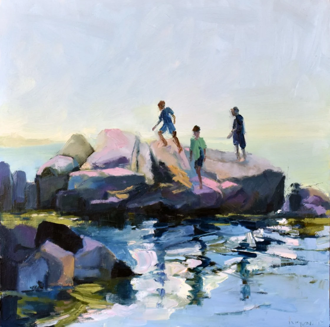 Boys on the Rocks, 12 x 12 inches, oil on panel, (Carver Hill Gallery, Camden ME, $850)