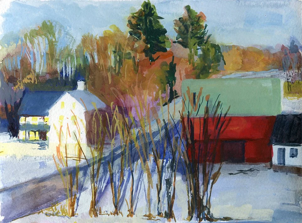 Red Barn in Winter – 6 x 8 inches, Watercolor on Panel