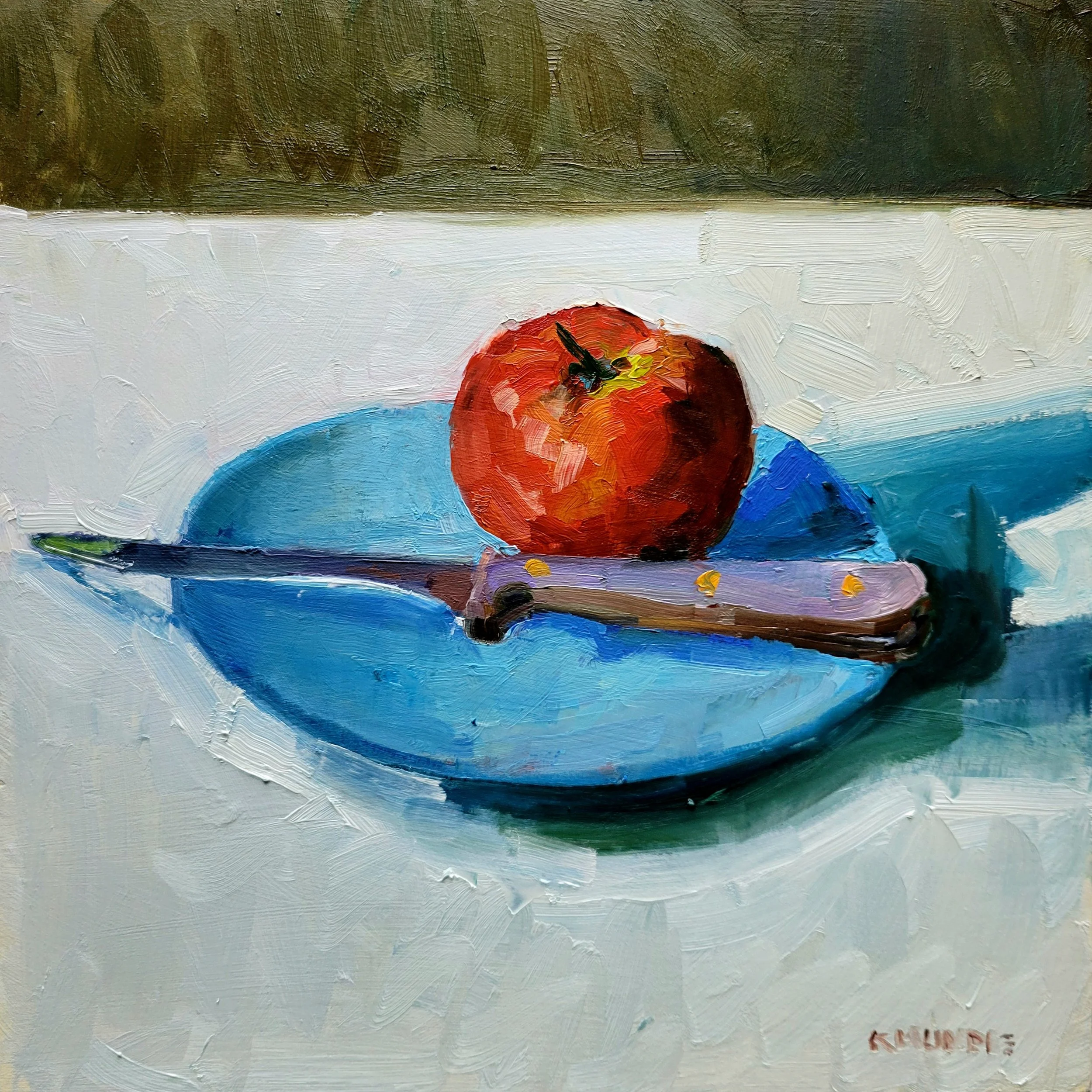 Tomato and Knife, 10 x 10 inches, oil on panel
