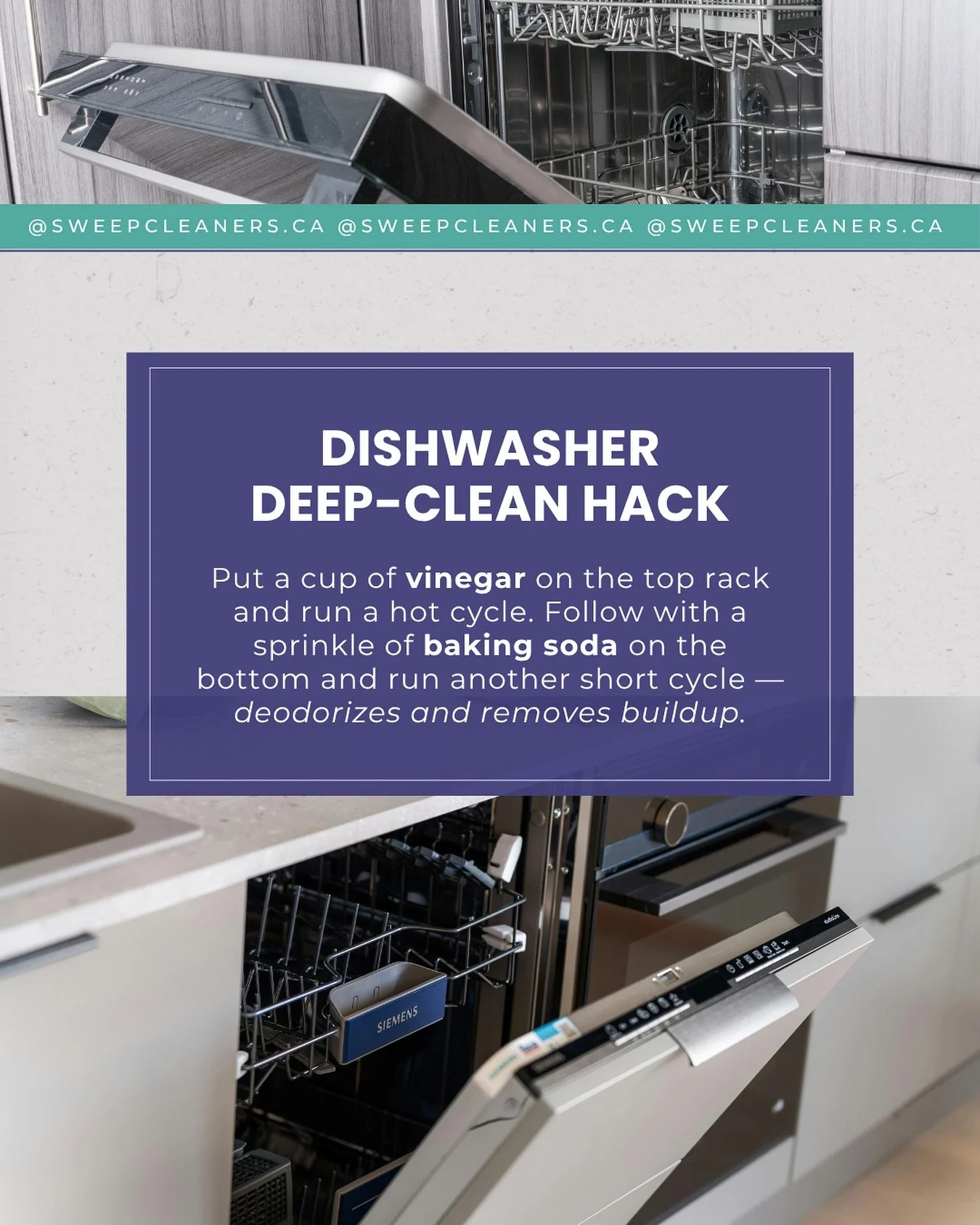 You load the dishwasher to clean dishes&hellip; but when&rsquo;s the last time you cleaned the dishwasher itself? 👀

Here&rsquo;s the hack:
+ Cup of vinegar on the top rack &rarr; hot cycle
+ Sprinkle of baking soda on the bottom &rarr; short cycle
