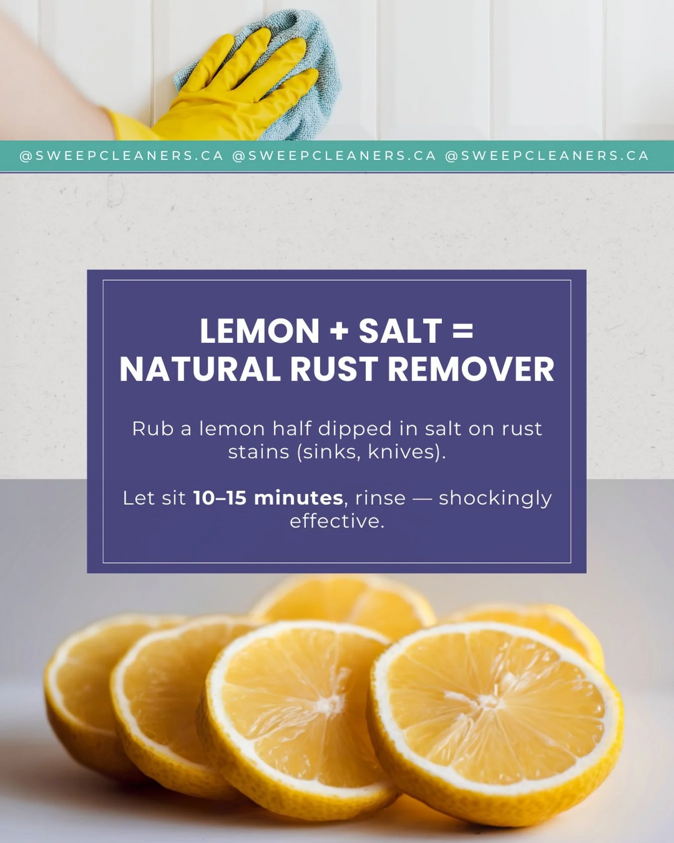 Read this before you buy another cleaning product&hellip;

Lemon + salt = natural rust remover 🍋
Rub. Let sit. Rinse. Done.

Book your custom quote today and keep your space spotless 📲 

📧 info@sweepcleaners.ca
🌐 www.sweepcleaners.ca

#SweepClean