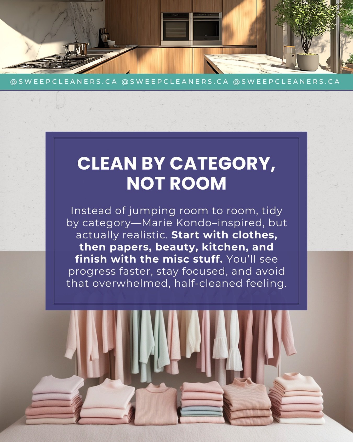 Spring cleaning works best with a system 🧼

Clean by category &mdash; clothes, papers, beauty, kitchen, then misc&mdash;to stay focused and see real progress.

And if time isn&rsquo;t on your side, Sweep Cleaners has you covered.

Book your clean to