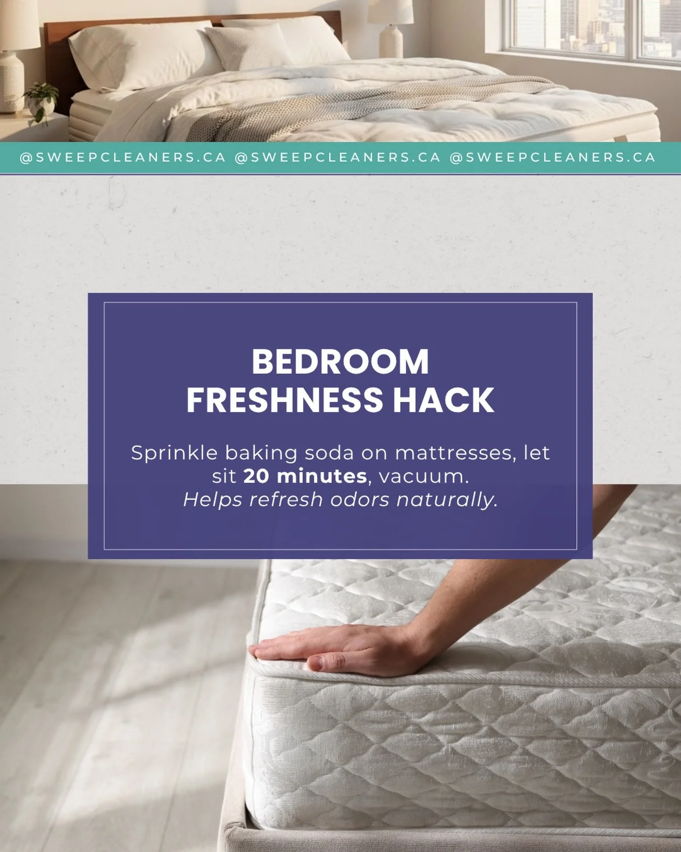 If your bedroom needs a refresh, start with the mattress 🛏️ 

A light layer of baking soda + 20 minutes + a quick vacuum = an easy way to freshen things up naturally. ✨

Simple habits make a cleaner home. Save this for later.

📧 info@sweepcleaners.