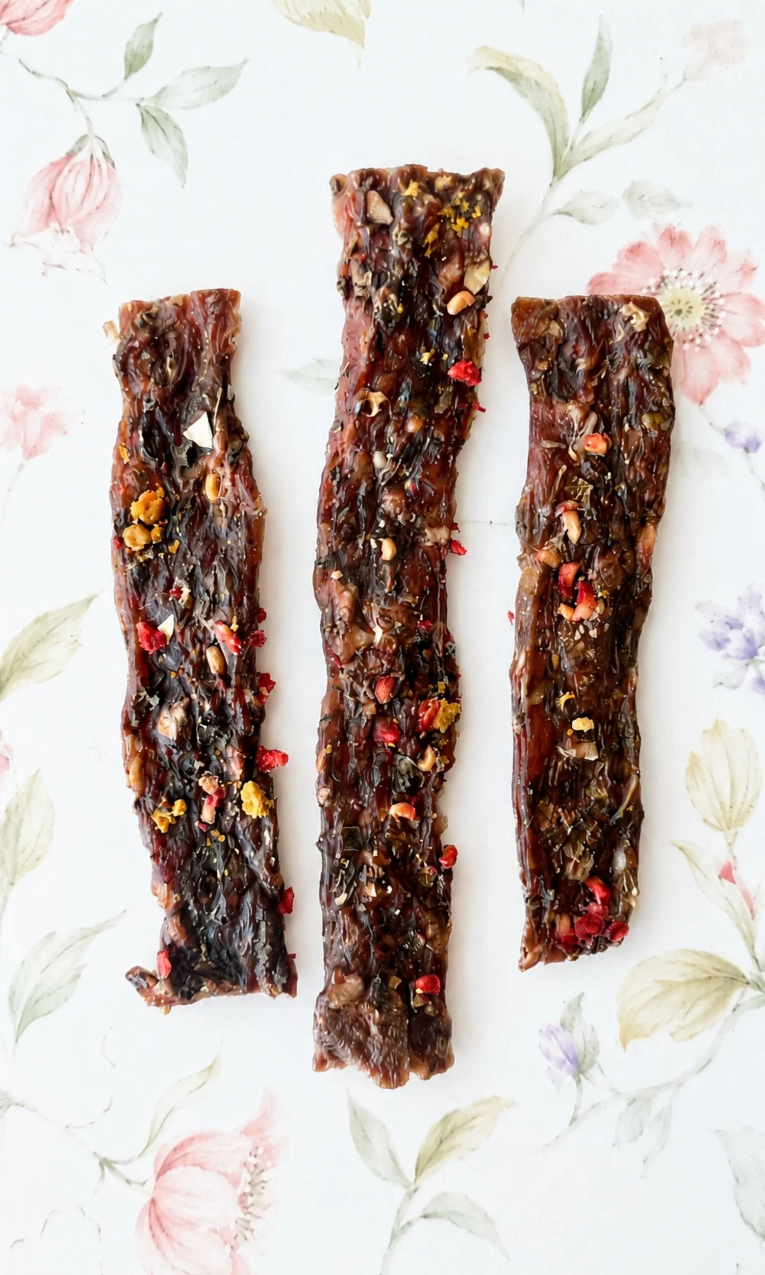 Three strips of jerky dog treats with crushed nuts and red flakes on a floral background.