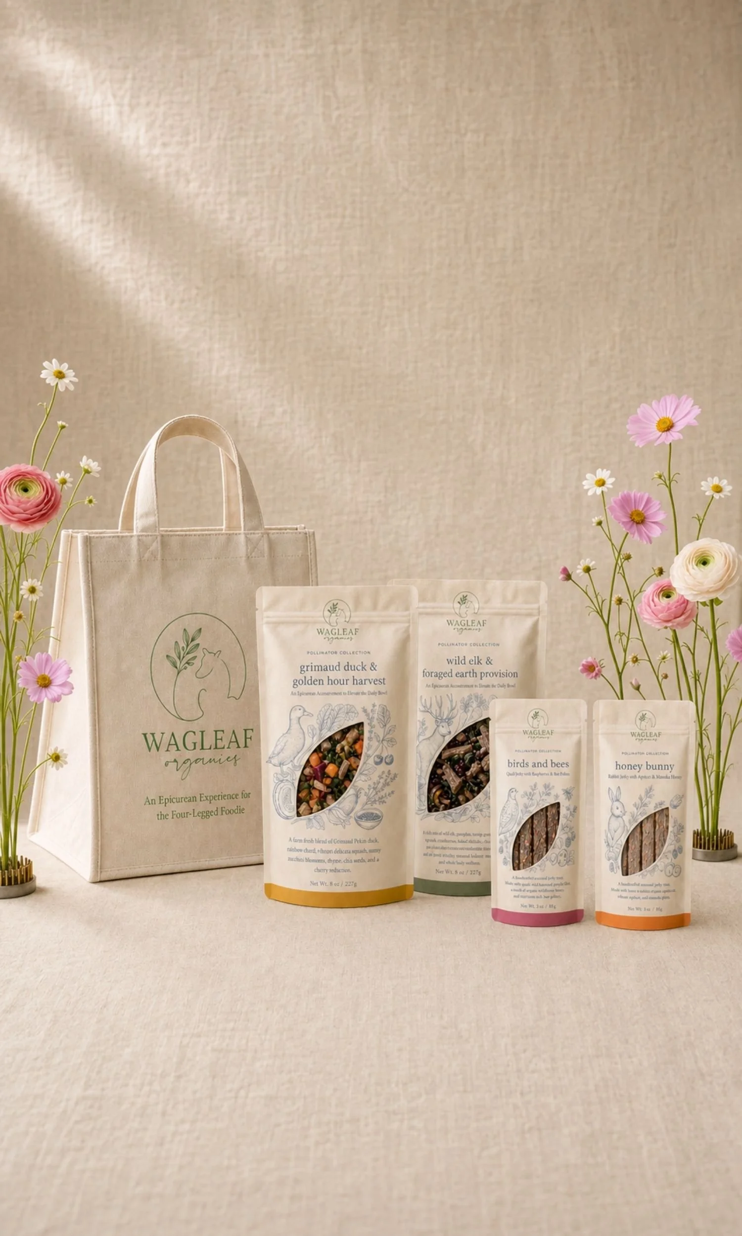 Organic farm box dog accoutrements and a beige tote bag with flowers on a neutral background.