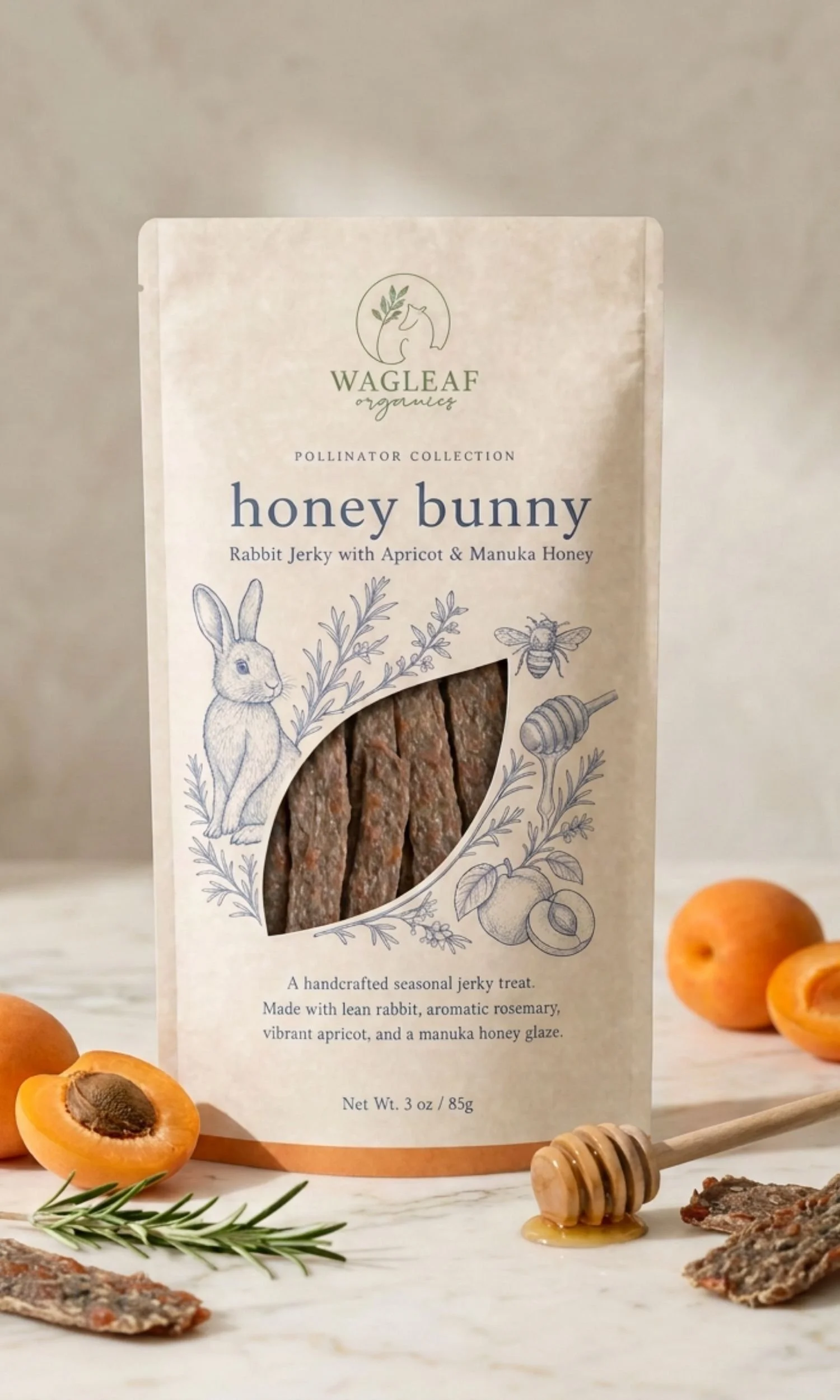 A beige bag of WAGLEAF Organics Honey Bunny rabbit jerky with apricot and manuka honey, surrounded by apricots, sprigs of rosemary, and a honey dipper with honey on a white surface.