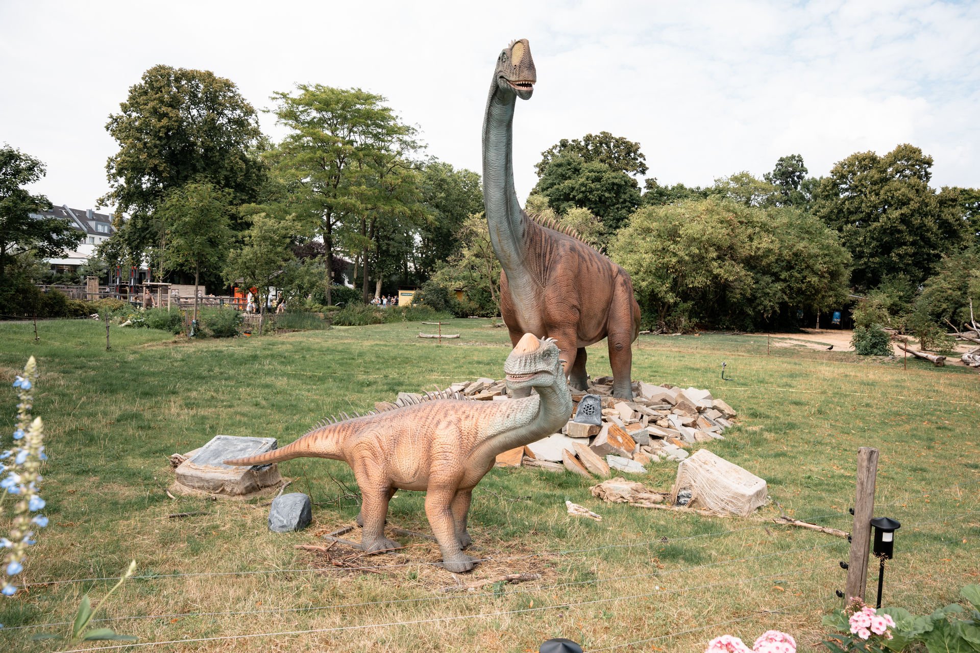 Dinosaurier-Modelle in einem Park, mit einem großen braunen Brachiosaurus und einem kleineren braunen Triceratops, umgeben von Bäumen und Wiesen.