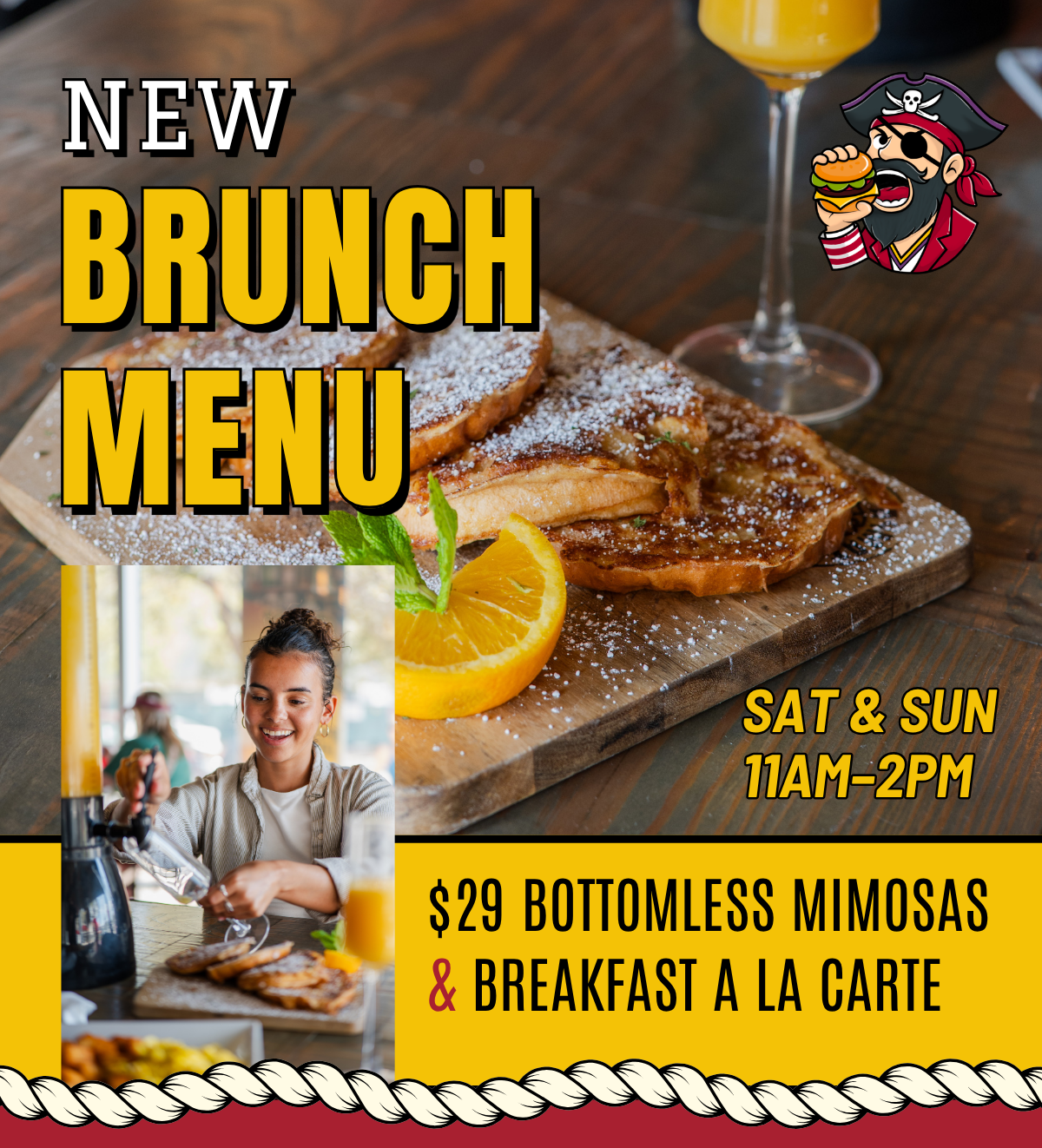 New Brunch Menu at Tampa Burgers and Pirates, featuring $29 Bottomless Mimosas and Breakfast A la carte