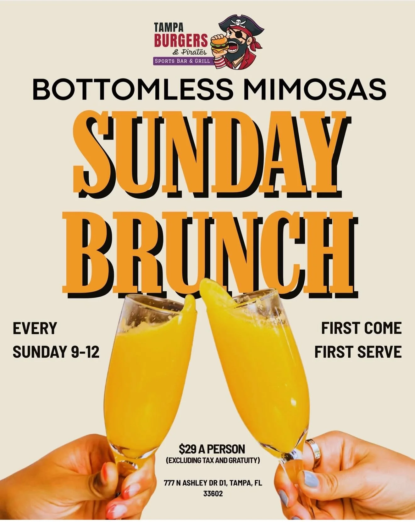 Bottomless Mimosas at Tampa Burger's Sunday Brunch, every Sunday 9-12pm. First Come First Serve