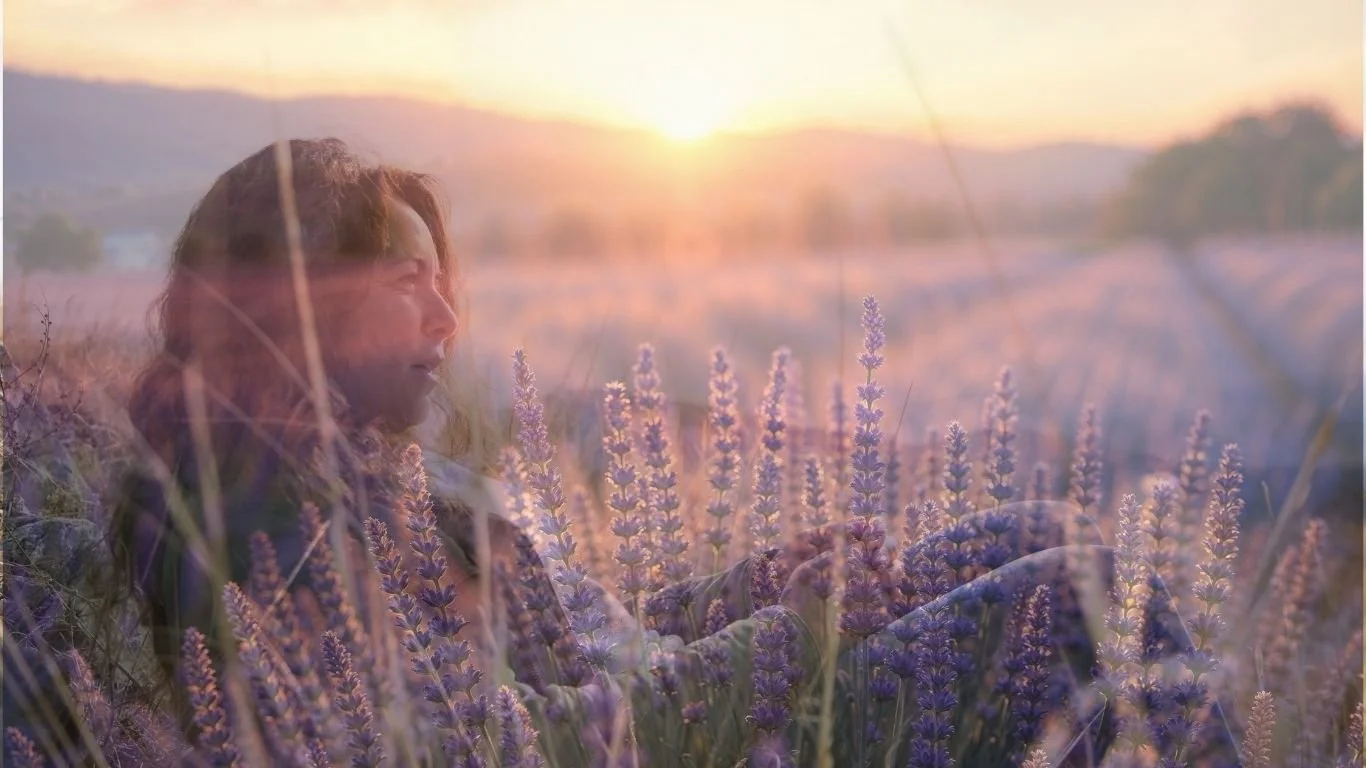 A woman sitting in a lavender field during sunset, with mountains in the background.