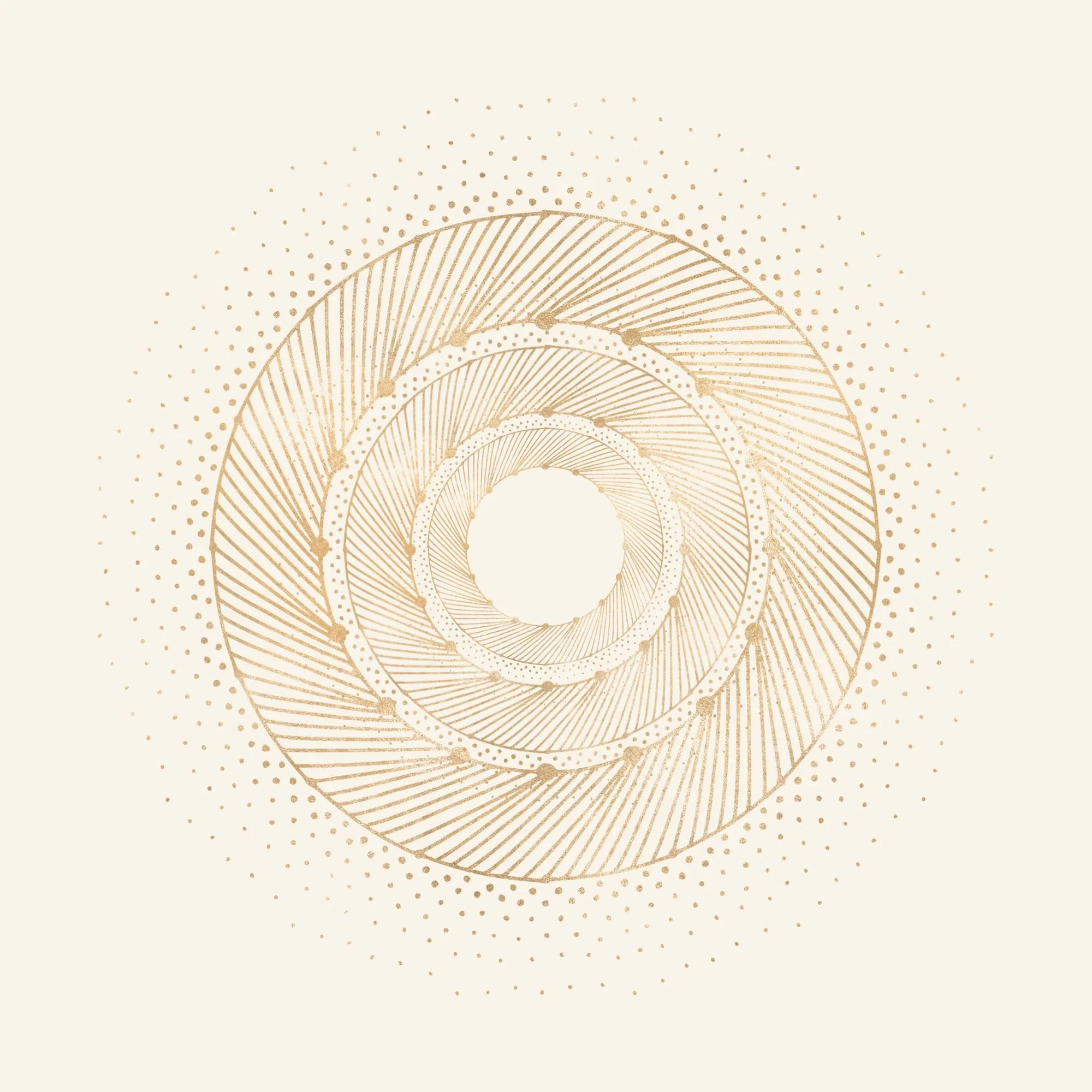 Gold geometric spiral pattern on a light beige background.