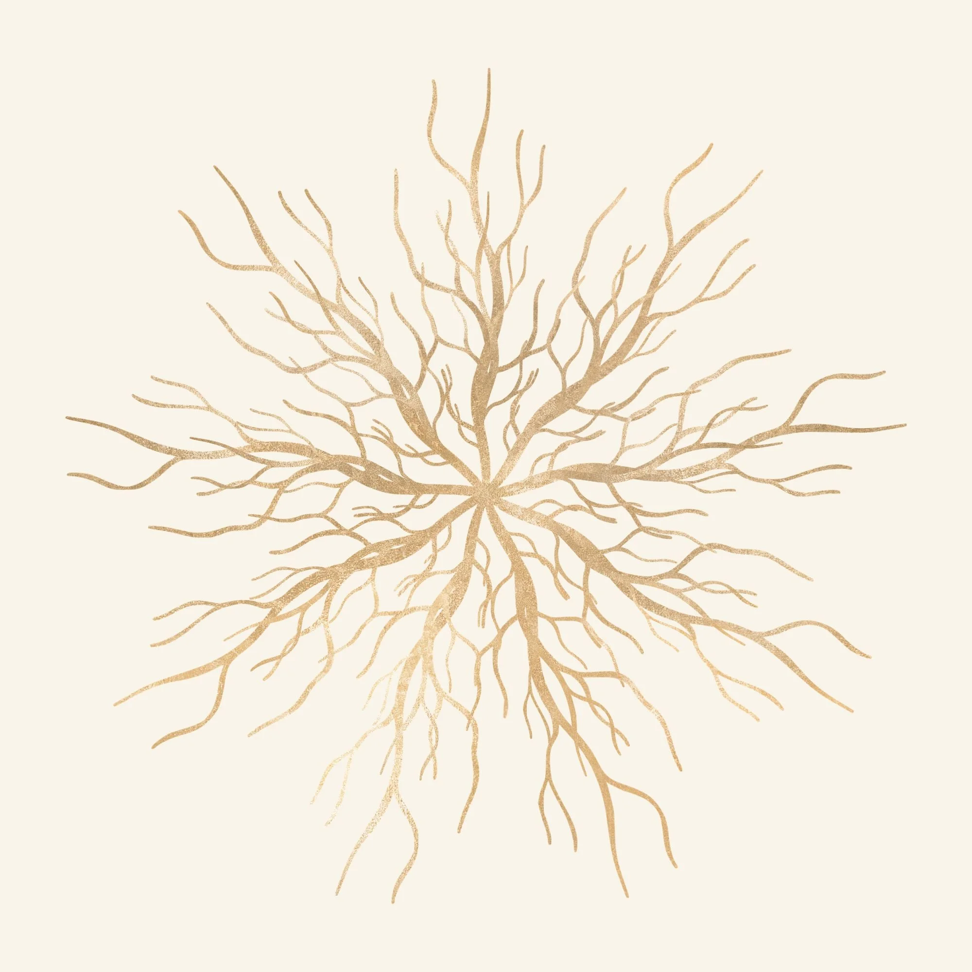 A minimalist illustration of a coral branch in a beige and gold color scheme on a light background.