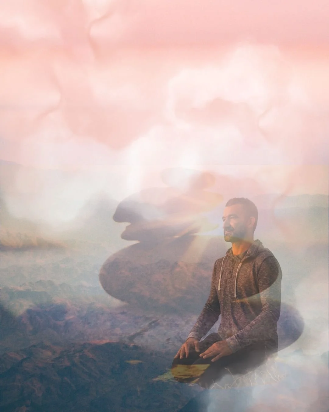 A man sitting outdoors with overlaid images of a sunrise or sunset sky and mountains.