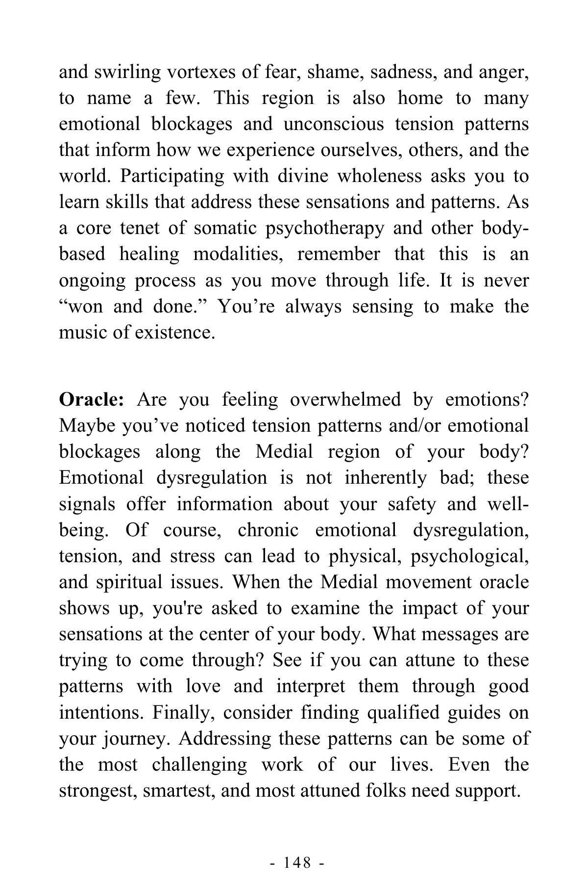 A page from a book or document discussing emotional health, sensation, and the importance of addressing emotional patterns and triggers in life, with a section titled 'Oracle' about feeling overwhelmed by emotions and bodily tension.