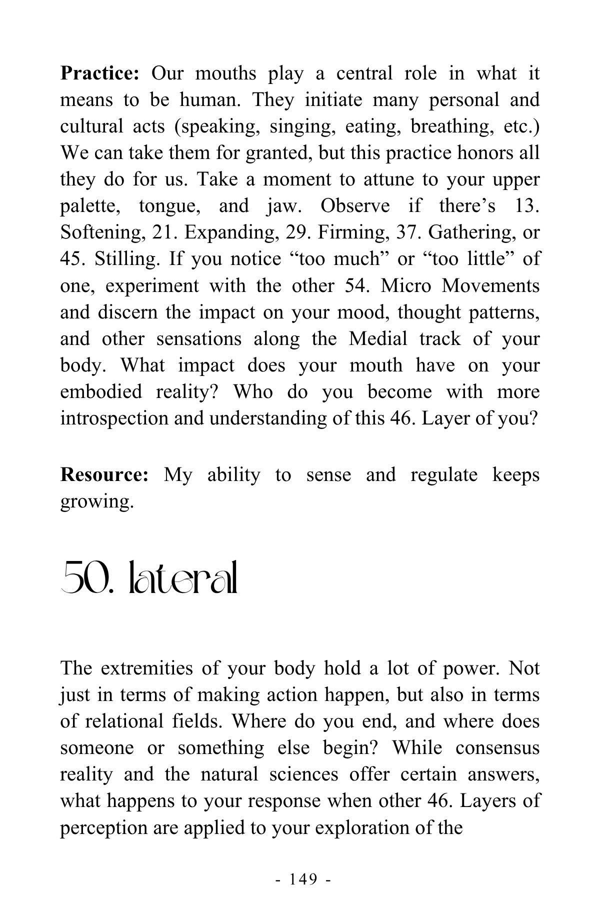 Page 149 from a book or manual discussing body awareness and movement practices, focusing on the lateral part of the body and the power of extremities, with headings in bold.