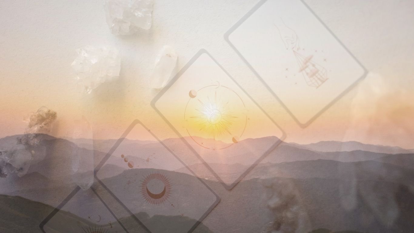 Sunset over a mountain range with semi-transparent tarot or oracle cards layered over the scene.