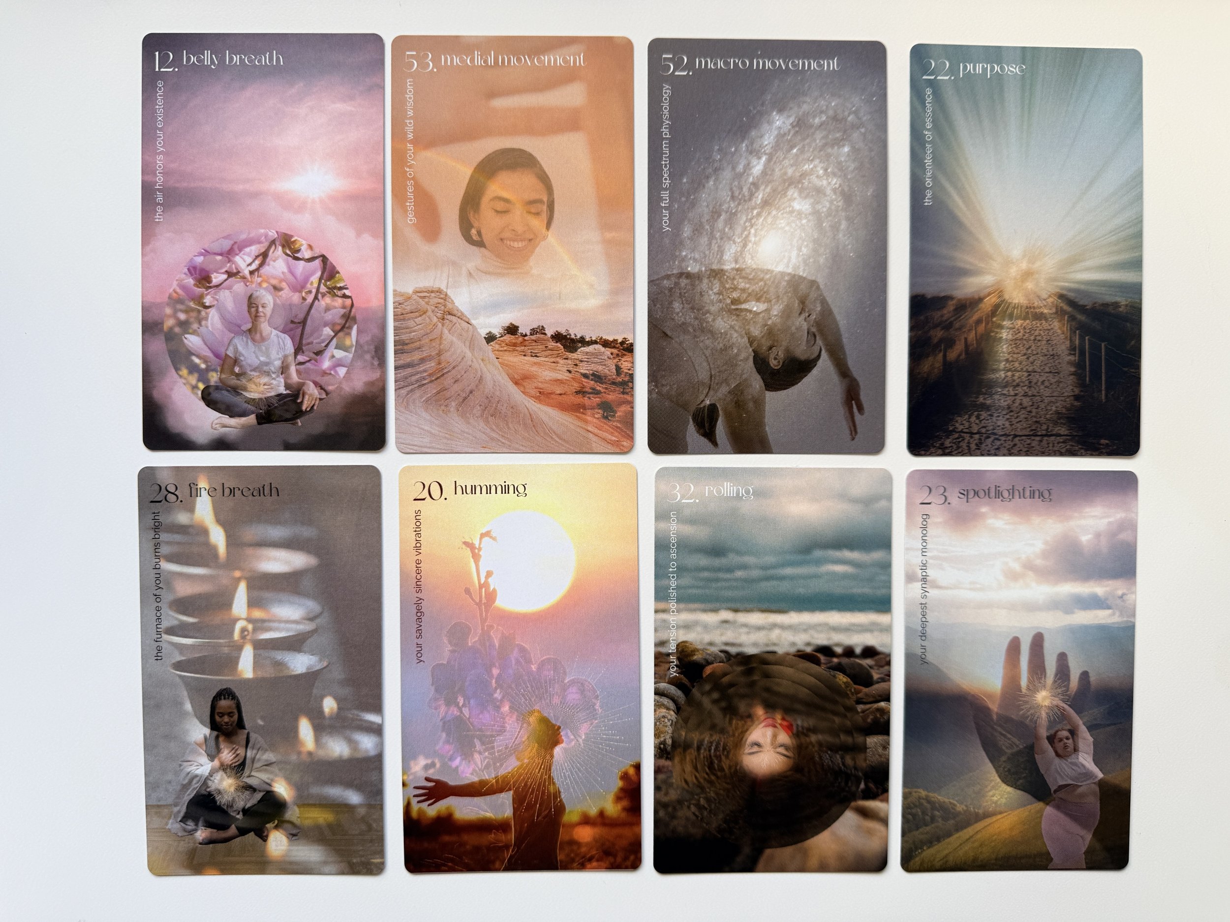 A collection of nine illustrated cards with themes related to meditation, mindfulness, and nature, including images of a woman meditating, a person smiling at sunset, galaxy, sunrise, candles, and a person practicing yoga along a rocky shoreline.