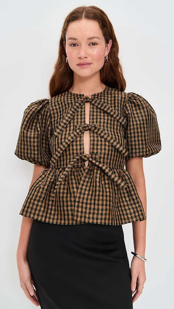GANNI Crinkled Taffeta Check Peplum Blouse  Crinkled Taffeta Check Peplum Blouse