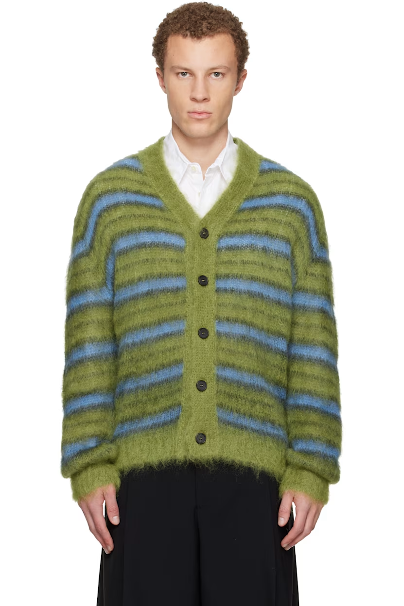 Marni Green & Blue Fuzzy Wuzzy Stripe V-Neck Cardigan
