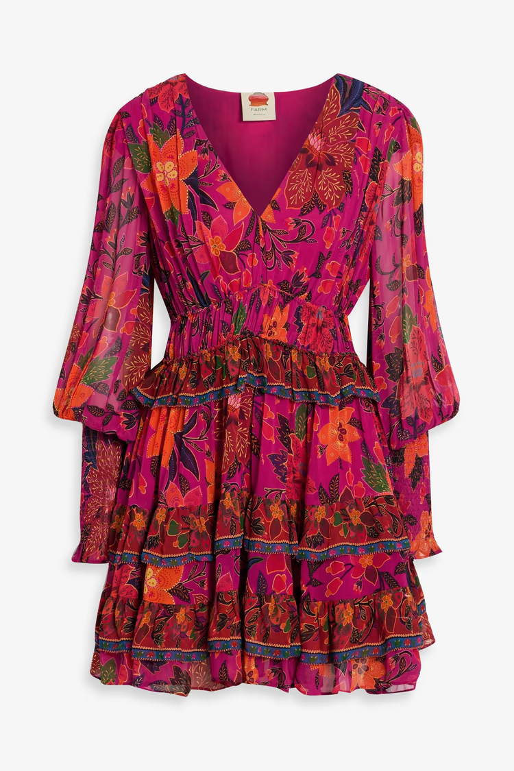 FARM RIO Tiered floral-print chiffon mini dress
