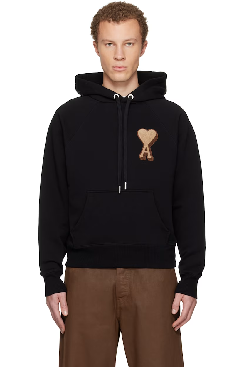 AMI Paris Black Cotton Ami de Coeur Hoodie