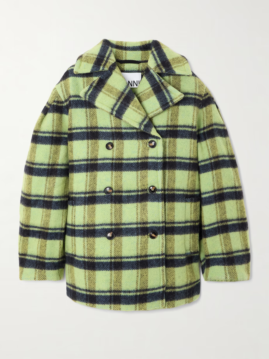 GANNI Oversized double-breasted checked brushed-wool coat