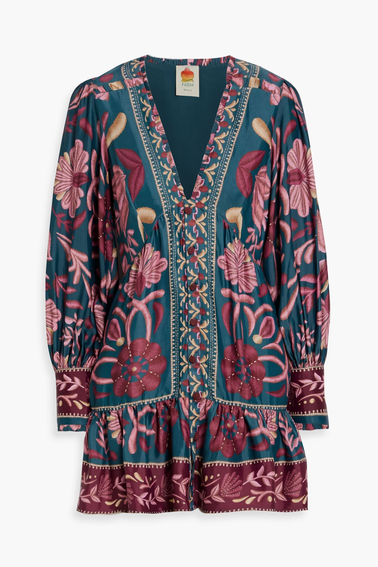 FARM RIO Ruffled printed satin mini dress