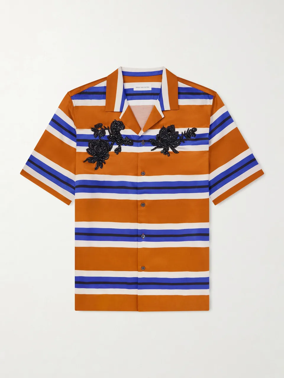 DRIES VAN NOTEN Carltone Camp-Collar Striped Embellished Satin Shirt