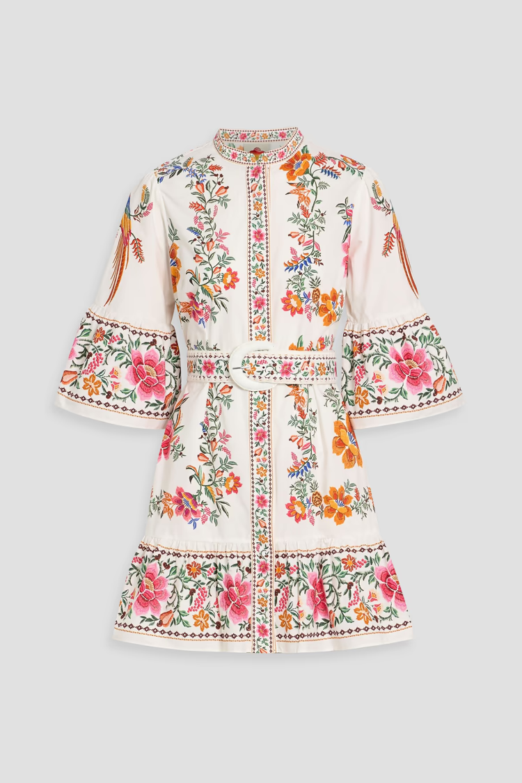 FARM RIO Belted printed cotton-poplin mini shirt dress