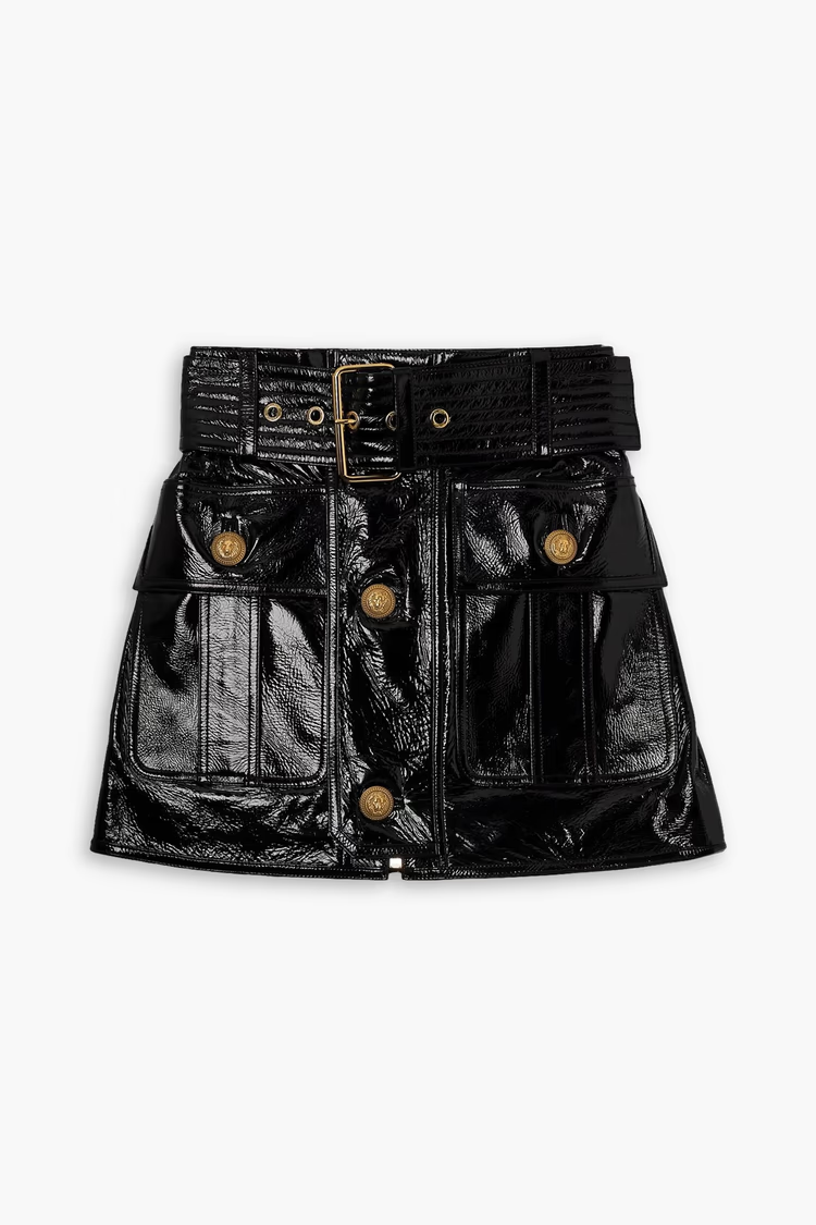 BALMAIN Belted crinkled patent-leather mini skirt
