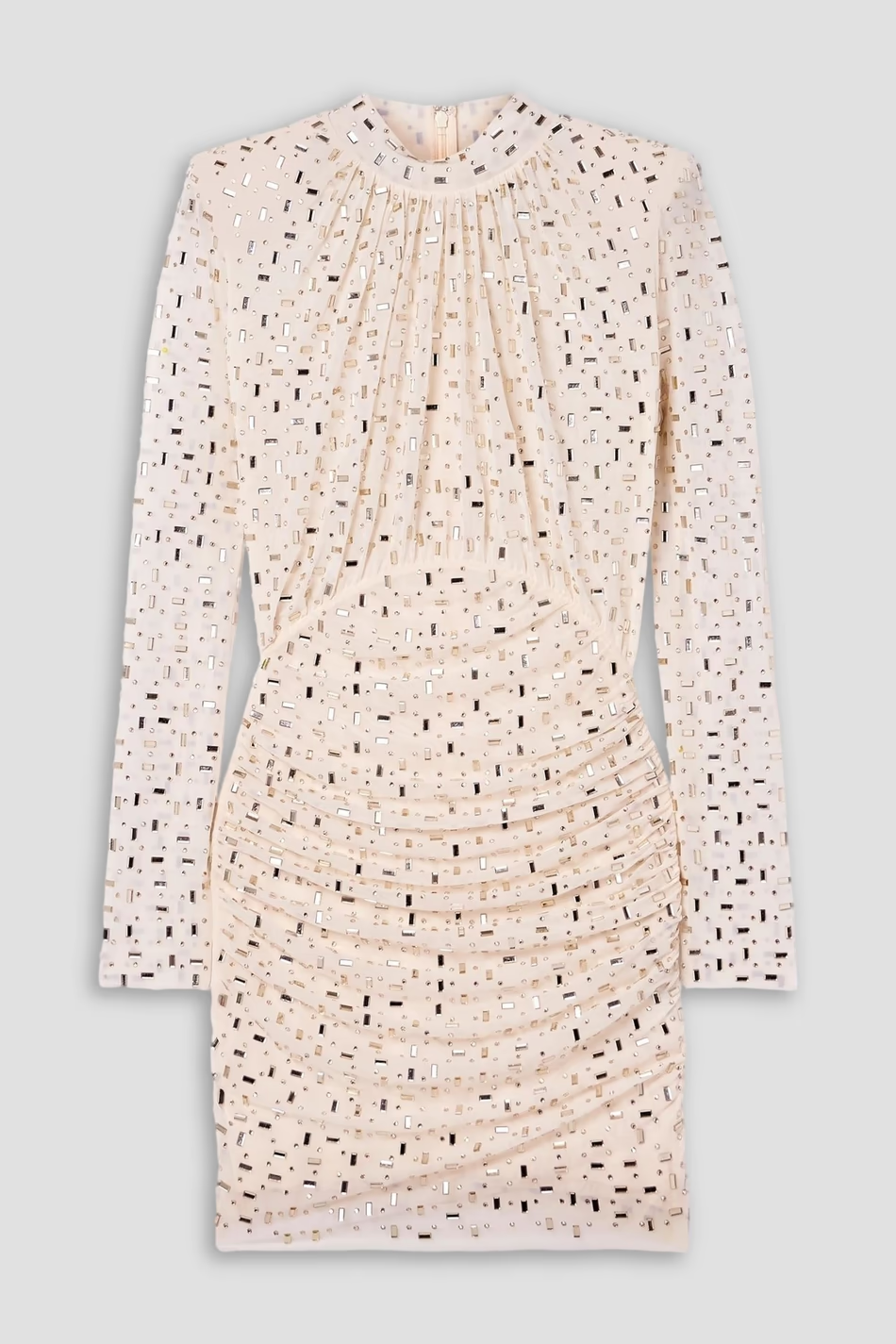 SELF-PORTRAIT Embellished gathered mesh turtleneck mini dress