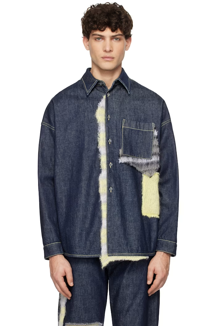Marni Blue Wool Patched Bull Denim Shirt