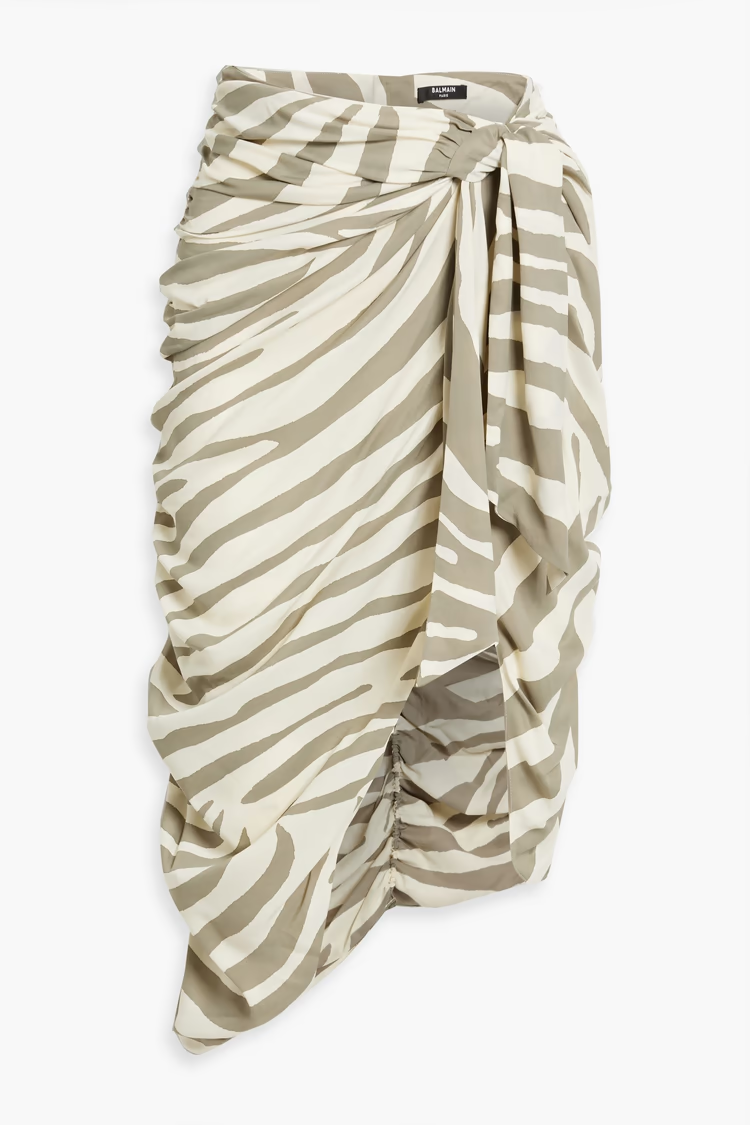 BALMAIN Wrap-effect zebra-print twill midi skirt