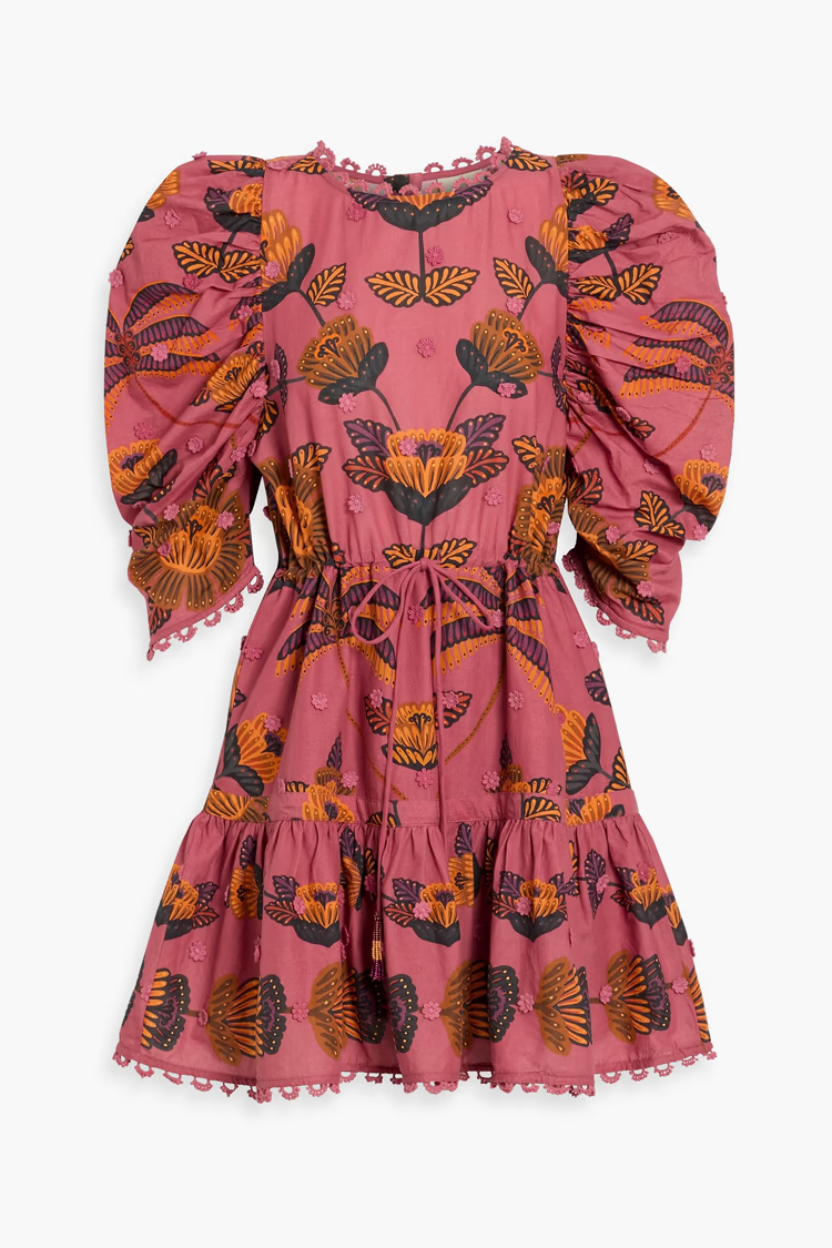 FARM RIO Floral-appliquéd floral-print cotton-voile mini dress
