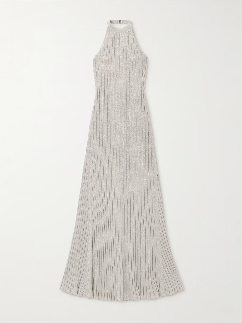 TOM FORD Metallic ribbed-knit halterneck maxi dress