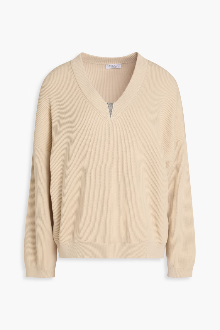 BRUNELLO CUCINELLI Bead-embellished ribbed cotton sweater