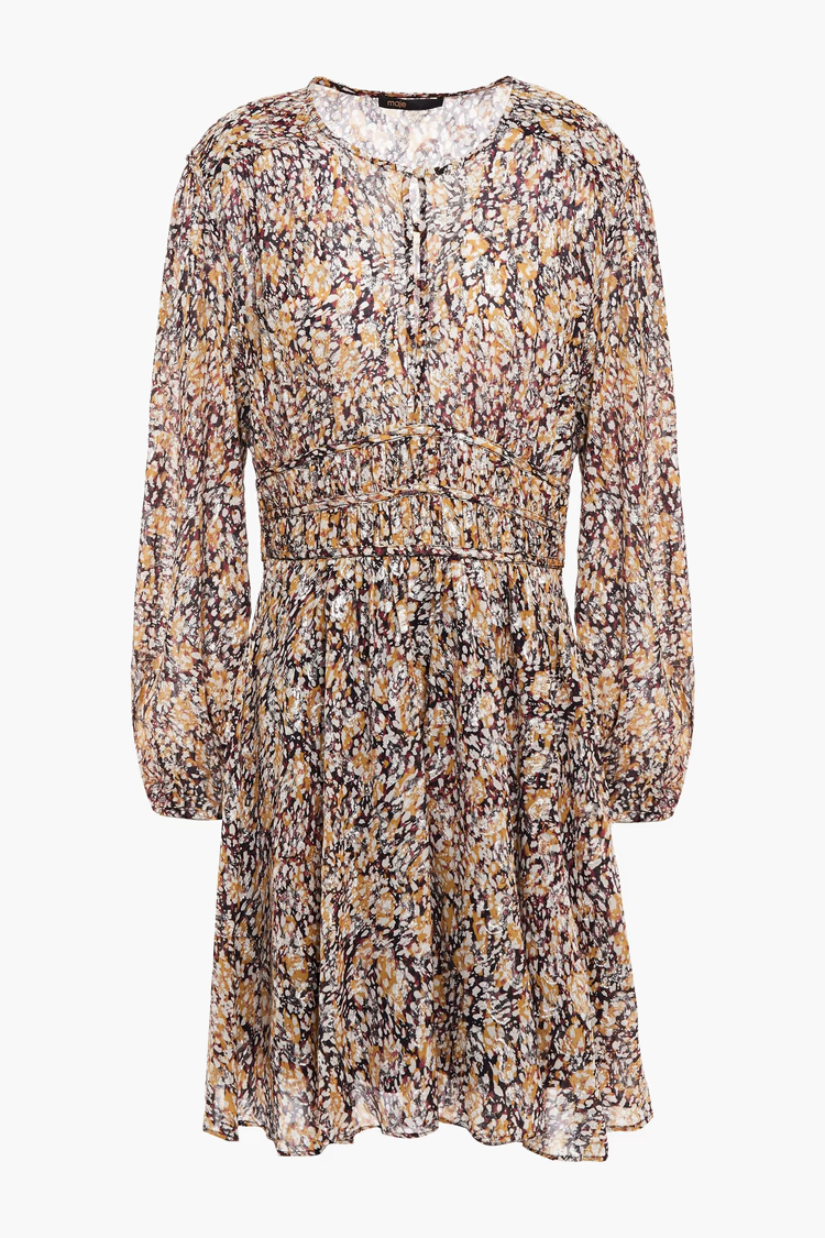 MAJE Gathered printed metallic fil coupé dress
