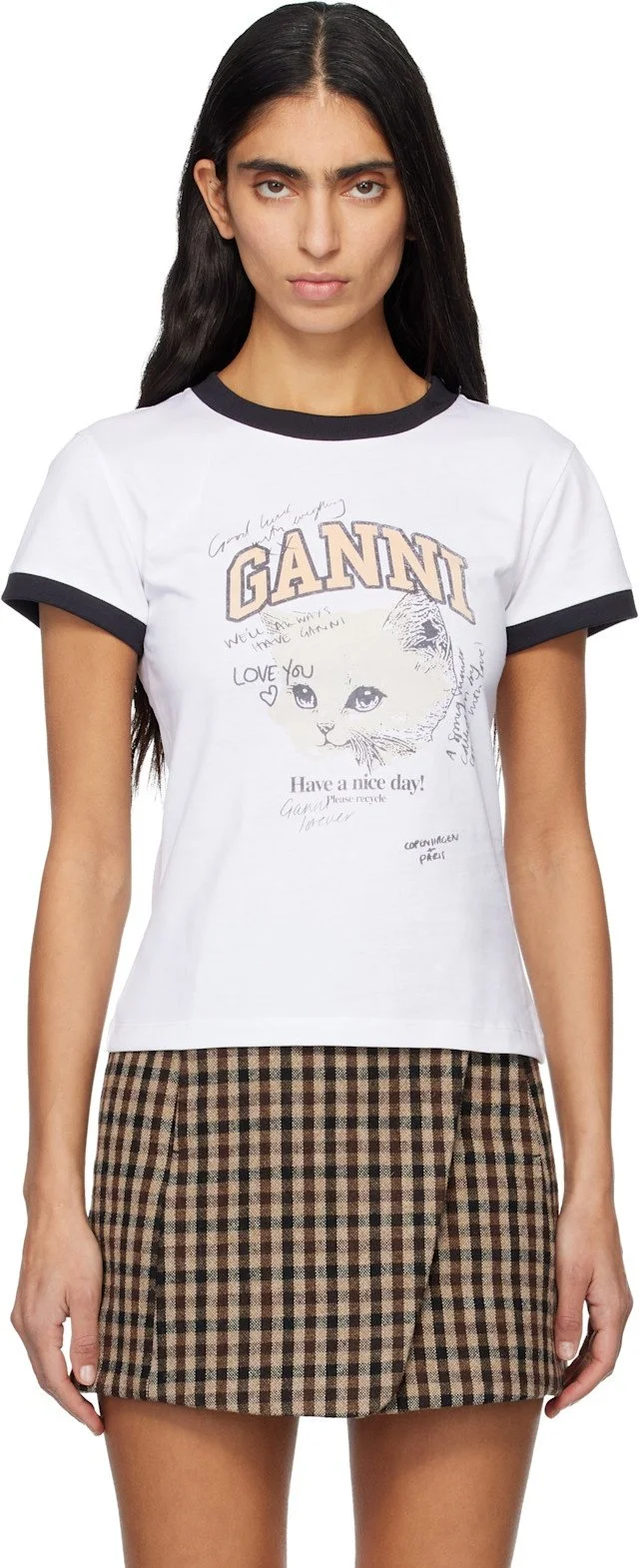 GANNI White Cropped Kitty T-shirt