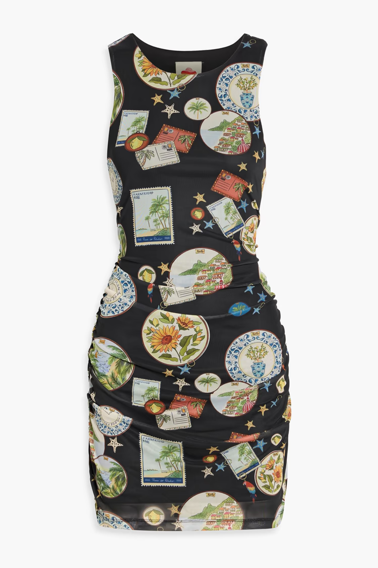 FARM RIO Ruched printed stretch-mesh mini dress