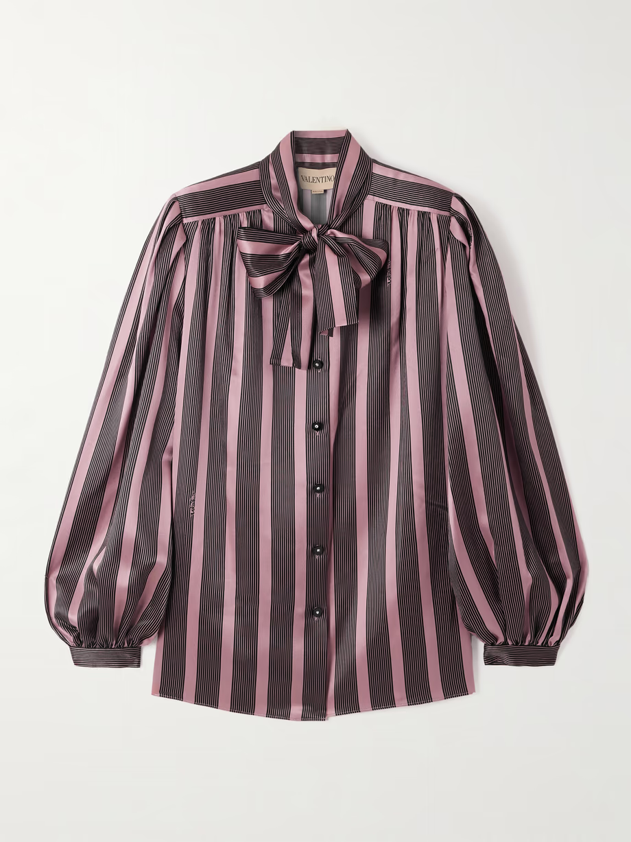VALENTINO GARAVANI Pussy-bow striped silk-satin blouse