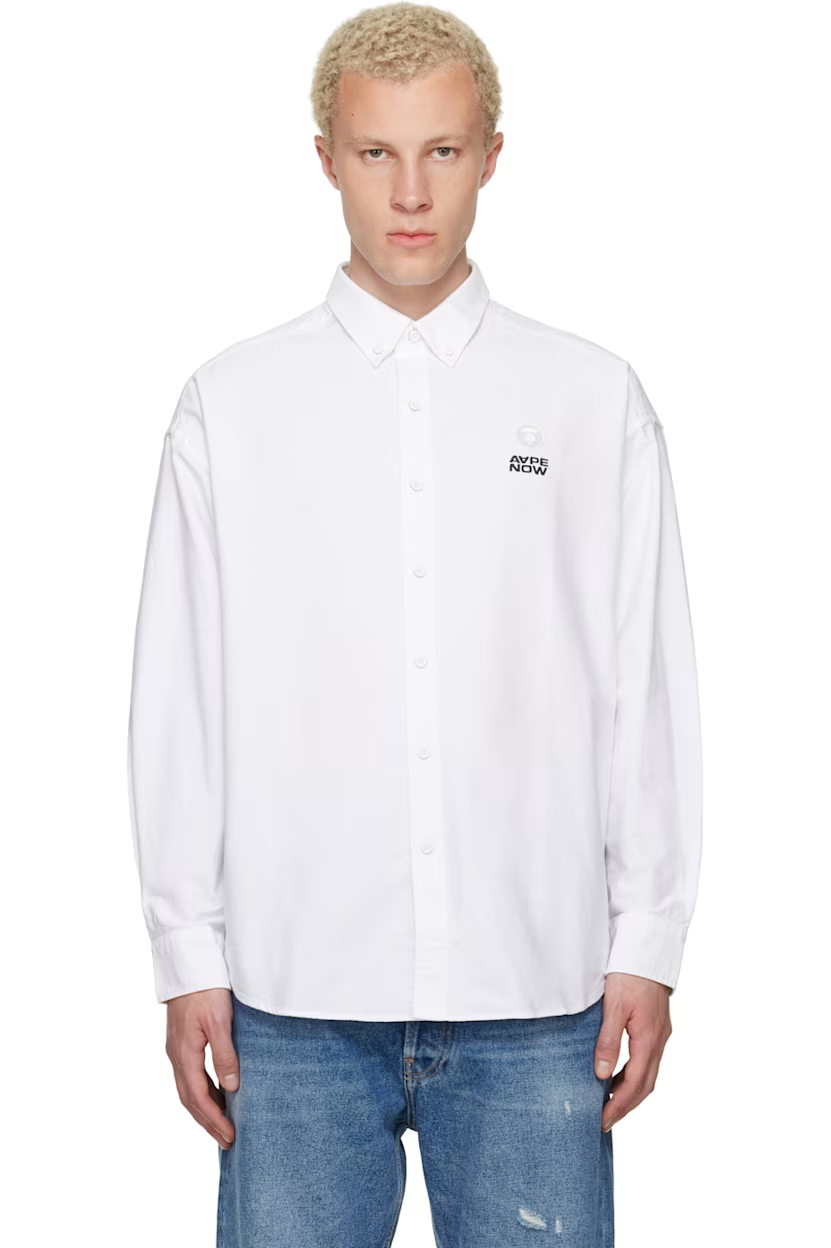 AAPE by A Bathing Ape White 'AAPENOW' Moonface Logo Long Sleeve Shirt