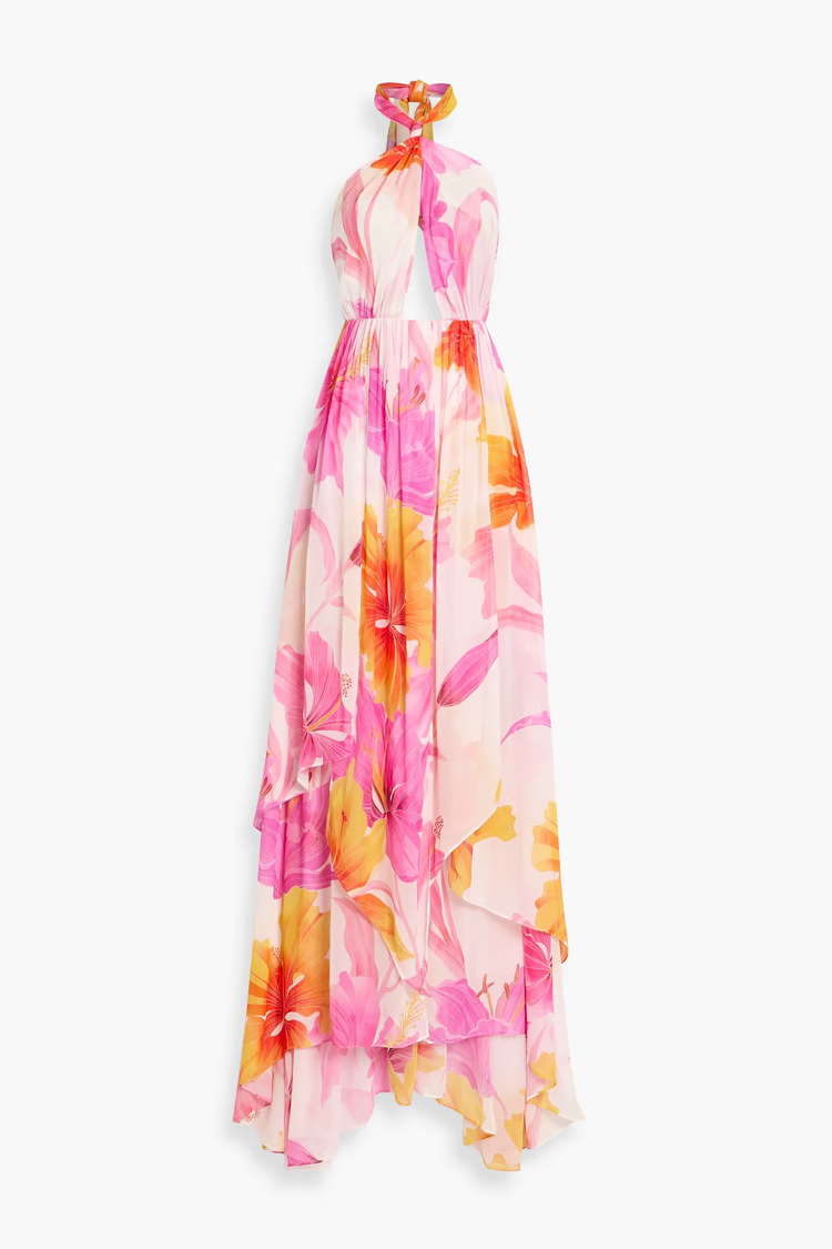 RETROFÊTE Ina printed crepe de chine halterneck maxi dress