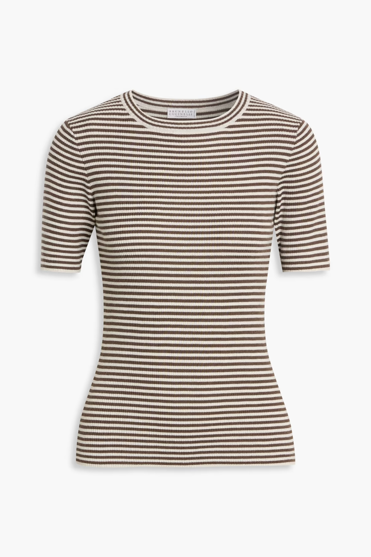 BRUNELLO CUCINELLI Metallic striped ribbed cashmere and silk-blend top