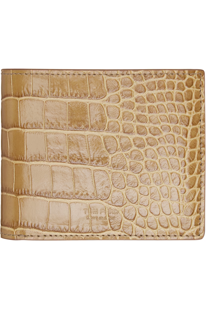 TOM FORD Tan Shiny Croc 'T Line' Classic Bifold Wallet